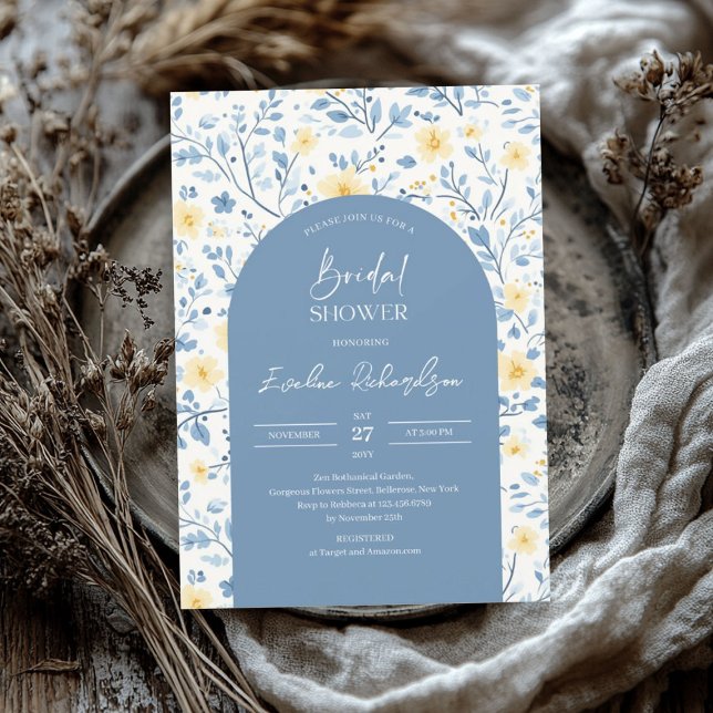 Convite Arca-do-boho, flores silvestres azuis-claras e col (Boho arch colorful light blue yellow wildflowers invitation)