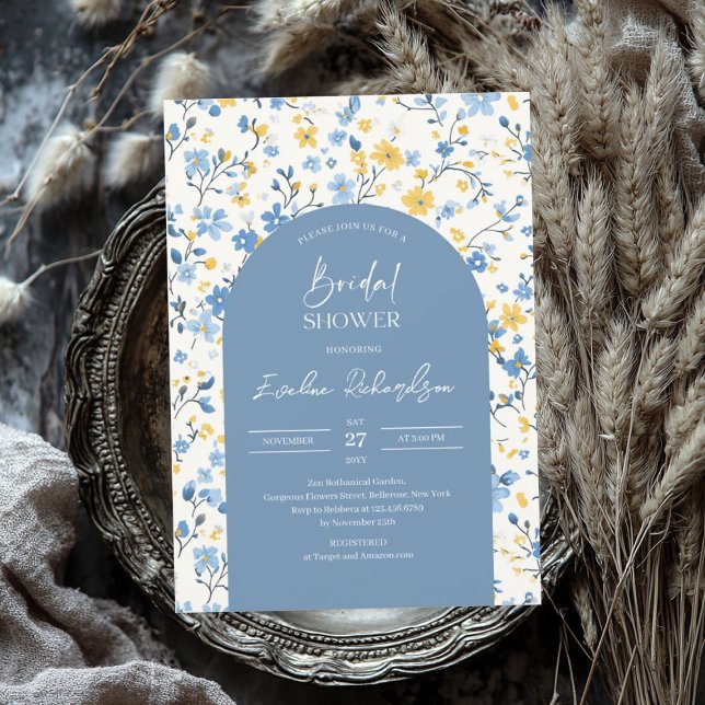 Convite Arca-do-boho, flores silvestres azuis-claras e col (Boho arch colorful light blue yellow wildflowers invitation)