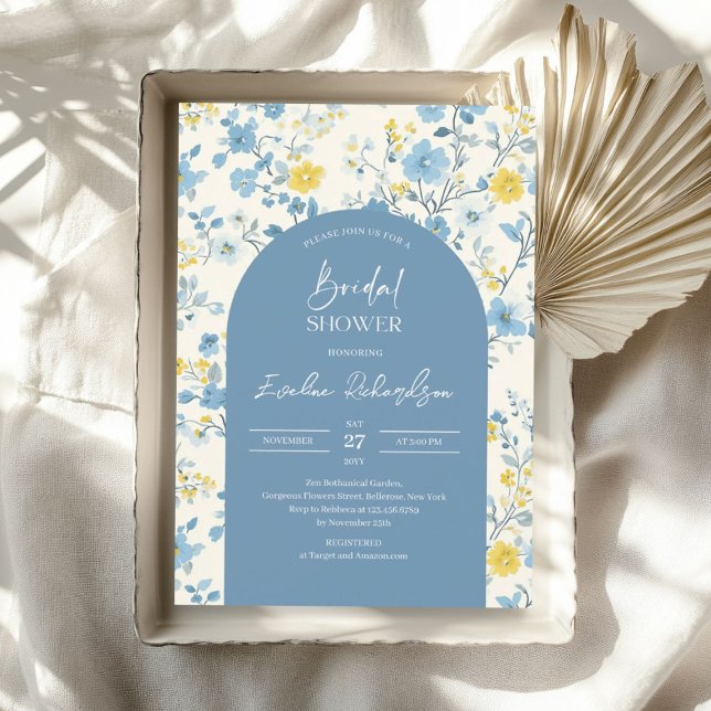 Convite Arca-do-boho, flores silvestres azuis-claras e col (Boho arch colorful light blue yellow wildflowers invitation)