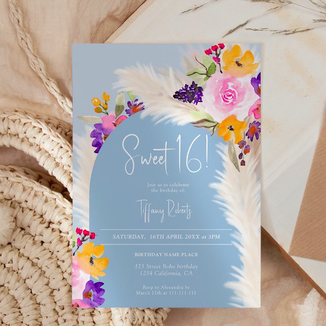 Convite Arca do deserto de pampas floral azul-boho Sweet 1 (Boho blue floral pampas desert arch Sweet 16 Invitation)
