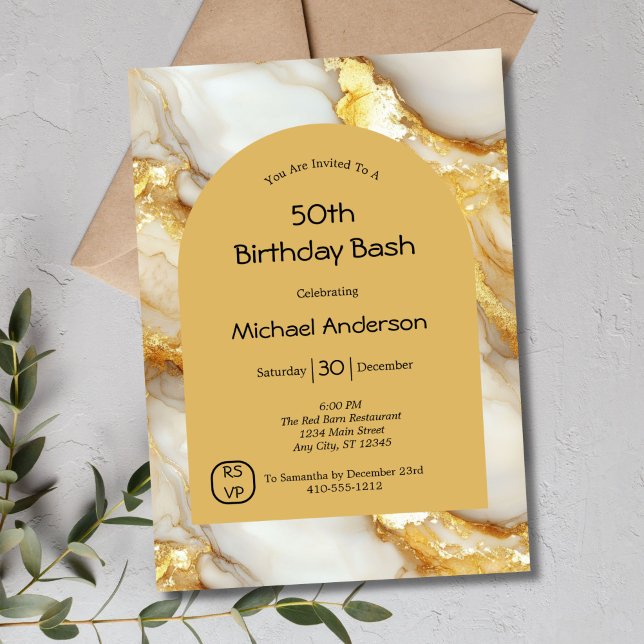 Convite Arca Dourada Branca de Mármore Preta 50º Aniversár (Gold White Marble Modern Arch 50th Birthday invitation for him or her)