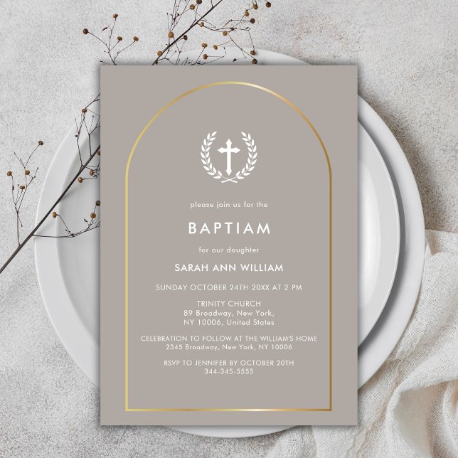 Convite Arca Dourada Elegante Neutra Batismo Cruzado (Neutral Elegant Gold Arch Wreath Cross Baptism Invitation)