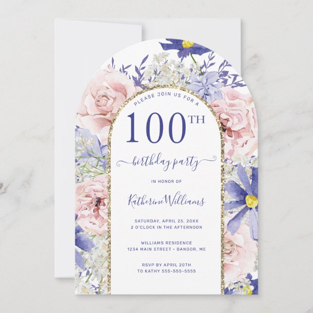 Convite Arca Dourada Floral Rosa Púrpura 100ª Festa de ani (Frente)