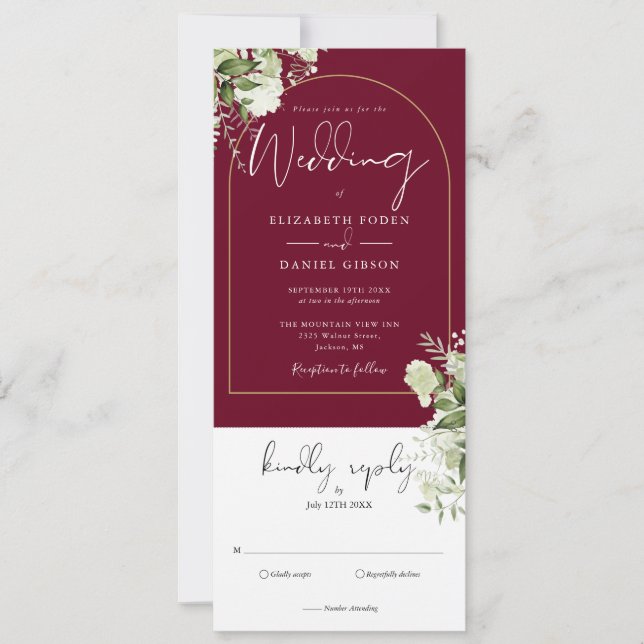 Convite Arca Dourada Greenery Burgundy Em Um Casamento (Frente)