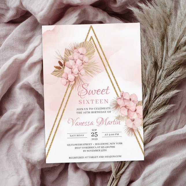 Convite Arca Dourada Orquídea Seca de Palma Esmagada Doce  (Dried Palm Blush Orchid Gold Arch Sweet Sixteen Invitation)