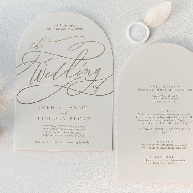 Convite Arca Dourada Romântica Ivory Boho Em Um Único Casa (Romantic Gold Ivory Boho Arch All In One Wedding Invitation)