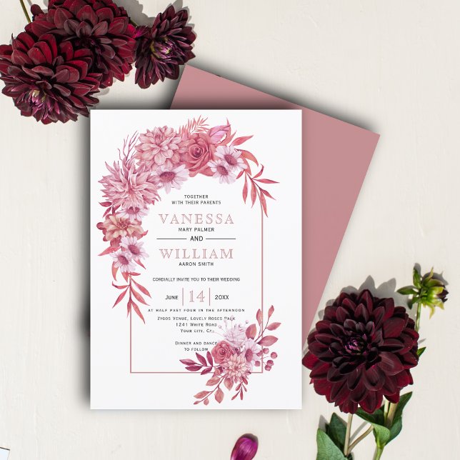 Convite Arca e flores cor-de-rosa rosa poeirentas, folhas  (Criador carregado)