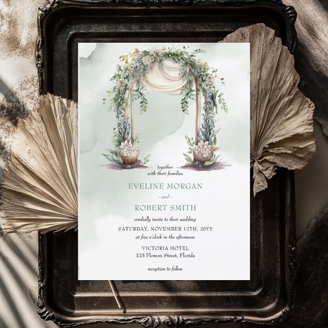 Convite Arca Elegante Boho Greenery Folafy (Elegant watercolor boho greenery leafy arch invitation)