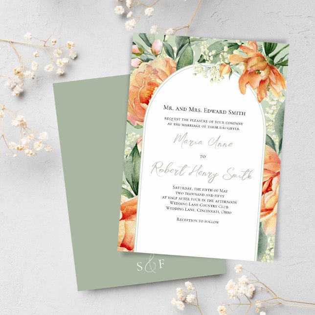 Convite Arca Floral Boho de Casamento Elegante (Wedding beautiful peach floral invitations. )