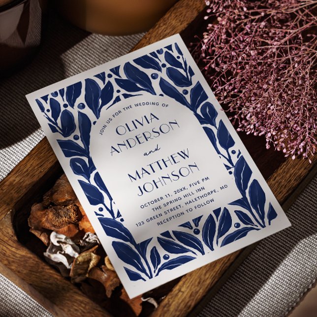 Convite Arca moderna elegante. Casamento floral azul marin (Criador carregado)