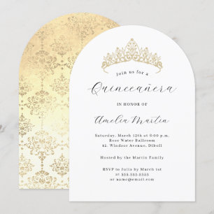 Convite Arca Moderna Simples Elegante Dourada Tiara Quince
