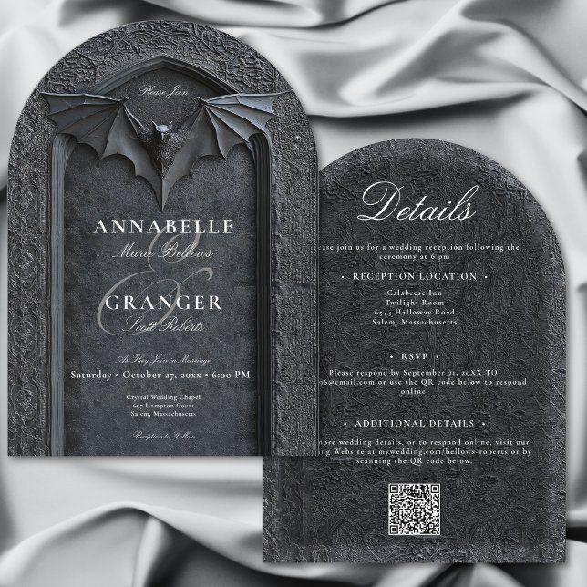 Convite Arca Negra Do Dia das Bruxas, Dois Casamento Lado (Gothic Halloween Black Bat Arch Two Sided Wedding Invitation)