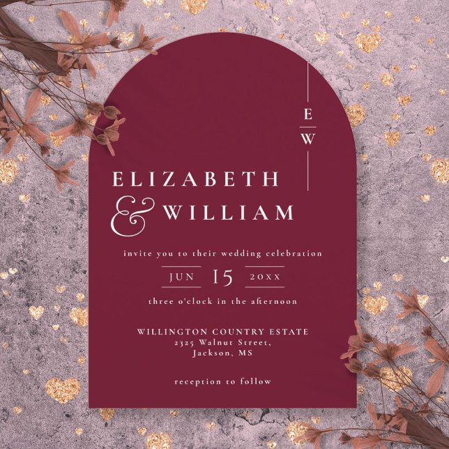 Convite Arca Nupcial Moderna Elegante Chic Monogramas Mode (Burgundy Modern Elegant Chic Monogram Wedding Arch Invitation)