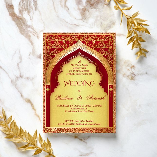 Convite Arca vermelha do casamento e dourada (Indian wedding red and gold vintage style arch traditional invitation template instant  download)