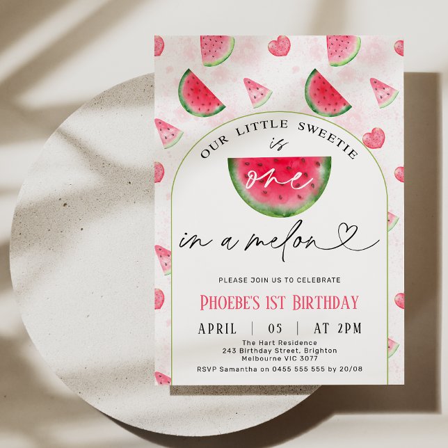 Convite Arca Vermelha Moderna Um Em Um primeiro aniversari (Modern One In A Melon 1st Birthday Invitation Template, Watermelon Themed First Birthday Invitation)