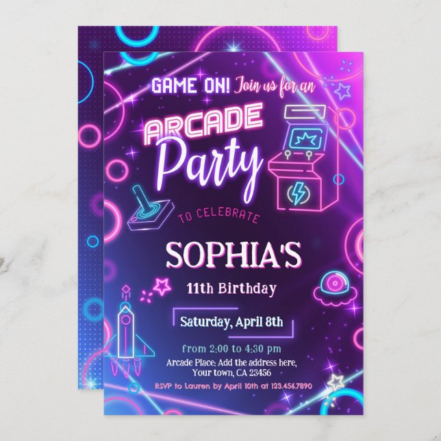 Convite Arcade Neon Glow Festa de aniversário (Frente/Verso)