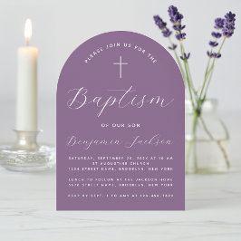 Convite Arch Baptism Dusty Roxo Script Moderno e Cruz