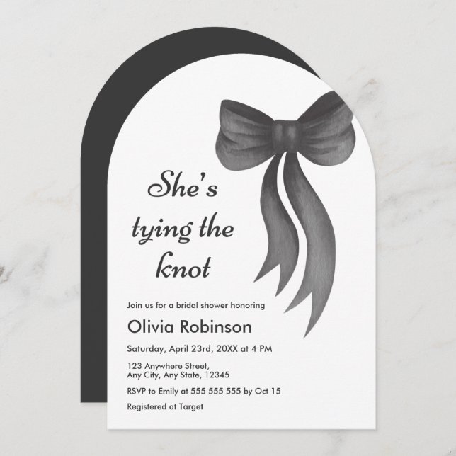 Convite Arch Black Bow She's Tying the Knot Bridal Shower  (Frente/Verso)