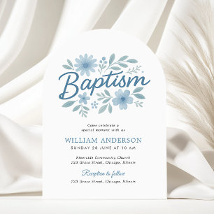 Convite Arch Blue Floral Cross Boy Baptism