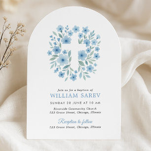 Convite Arch Blue Floral Cross Boy Baptism