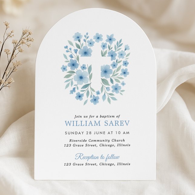 Convite Arch Blue Floral Cross Boy Baptism (
Blue floral arch baptism invite for boys with cross design on soft neutral fabric background.)
