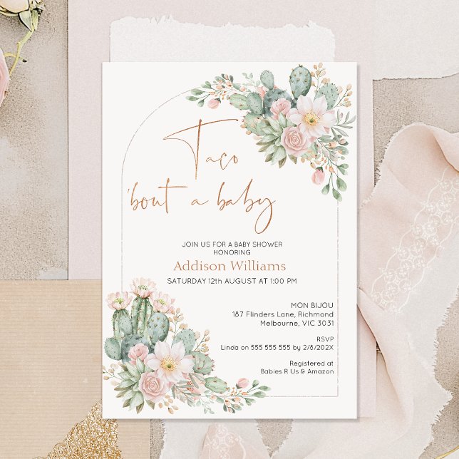 Convite Arch Blush Floral Taco sobre um bebê (Girls Taco 'bout A Baby Baby Shower Invitation, Blush Floral Cactus Taco About A Baby Baby Shower )