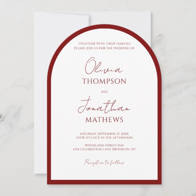 Convite Arch de Casamento Simples Crimson Red Border (Frente)