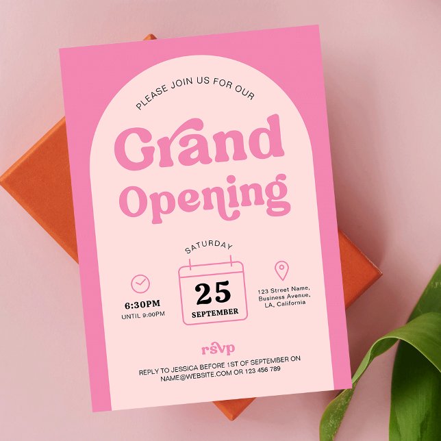 Convite Arch de Trendência Retroativa Nova Abertura de Neg (Trendy Pink Business Grand Opening invitation design, featuring retro fonts and arch background )