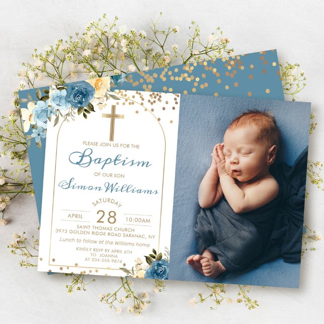 Convite Arch Dusky Blue Floral Dourada Glitter Baptism Fot (Criador carregado)