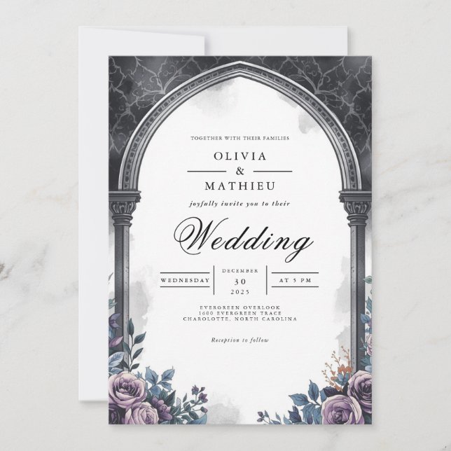 Convite Arch Escuro Floral Romance Wedding (Frente)
