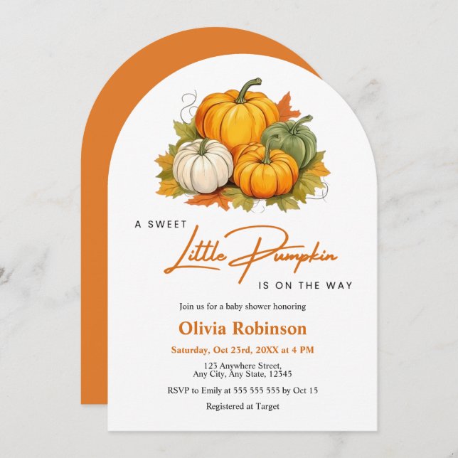 Convite Arch Fall Autumn A Little Pumpkin Baby Shower  (Frente/Verso)