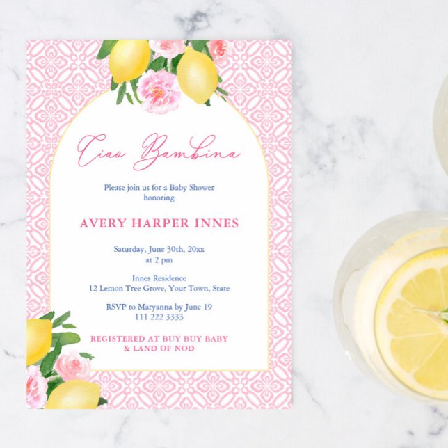 Convite Arch Frame Ciao Bambina Lemons Chá (Ciao Bambina Italian inspired summer baby shower for girl invitation)