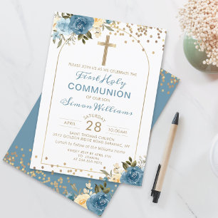 Convite Arch Marinho Azul Floral Primeira Comunhão Sagrad