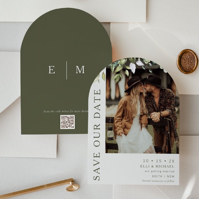 Convite Arch Modern Foliage Weding The Date Card (Greenery Foliage Save The Date Card, Arch Greenery Wedding Save The Date Card, Photo QR code)