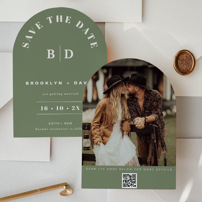 Convite Arch Modern Sage Weding The Date Card (Modern Arch Sage Save The Date Card, Couples Photo, QR Code, Sage Arch Wedding Save The Date Card)