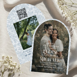 Convite Arch Photo Floral Toile Script Save the Date