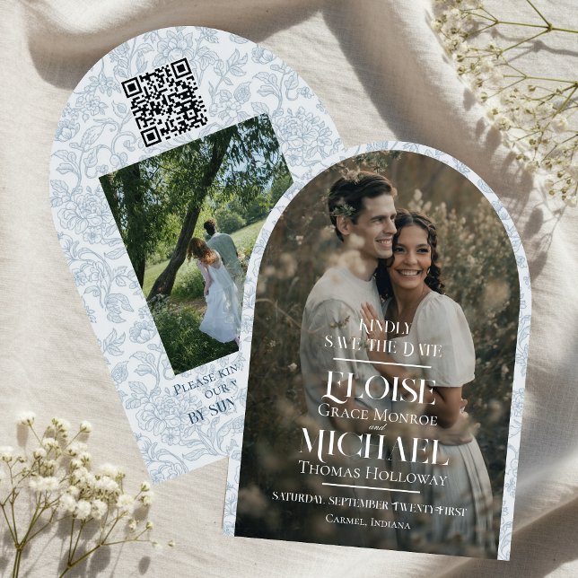 Convite Arch Photo Floral Toile Script Save the Date (Formally invite guests to your big day with this Arch Photo Floral Toile Script Save the Date!)