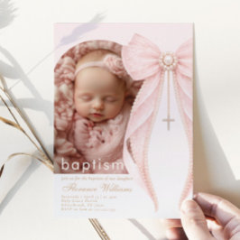 Convite Arch Photo Pink Coquette Bow Baby Girl Baptism
