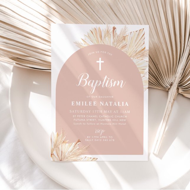 Convite Arch Pink Boho Floral Girinas Baptism Christening (Pink Boho Baptism Invitation)