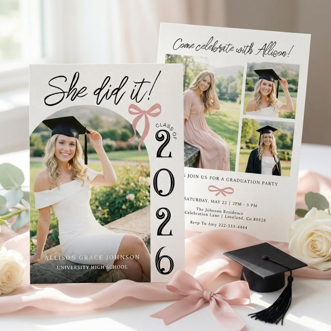 Convite Arch Pink Bow Photo Graduation Party Invitation (Criador carregado)