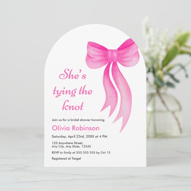 Convite Arch Pink Bow She's Tying the Knot Bridal Shower  (Em pé/Frente)