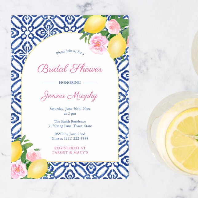 Convite Arch Positano Lemons Chá de casamento Azulejo Azul (Arch shape pink flowers positano lemons bridal shower invitations)