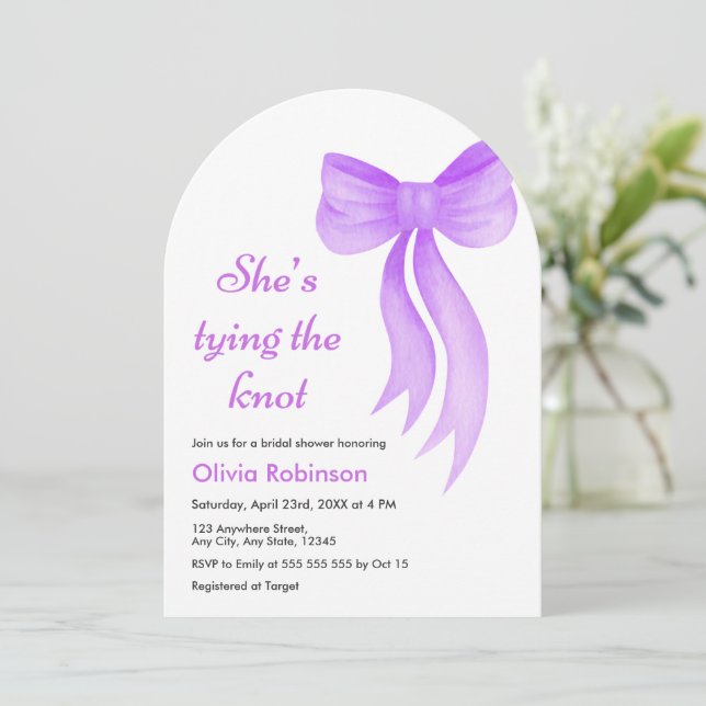 Convite Arch Purple Bow She's Tying the Knot Bridal Shower (Em pé/Frente)