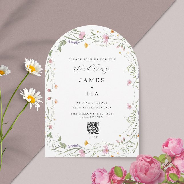 Convite Arch Russo Wildflower+ RSVP Código QR casamento (Criador carregado)