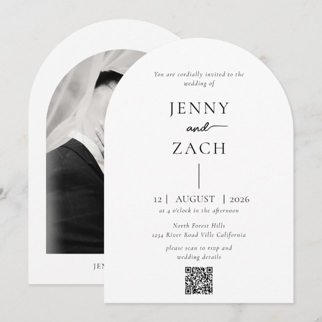 Convite Arch Simple Modern Photo Qr Code Wedding (Frente/Verso)
