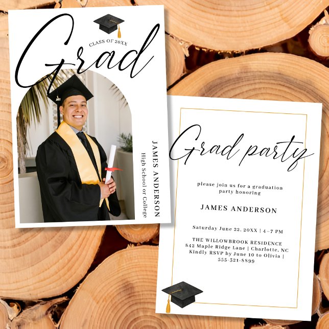 Convite Arch Trendy Modern Script Photo Graduation Party (Criador carregado)