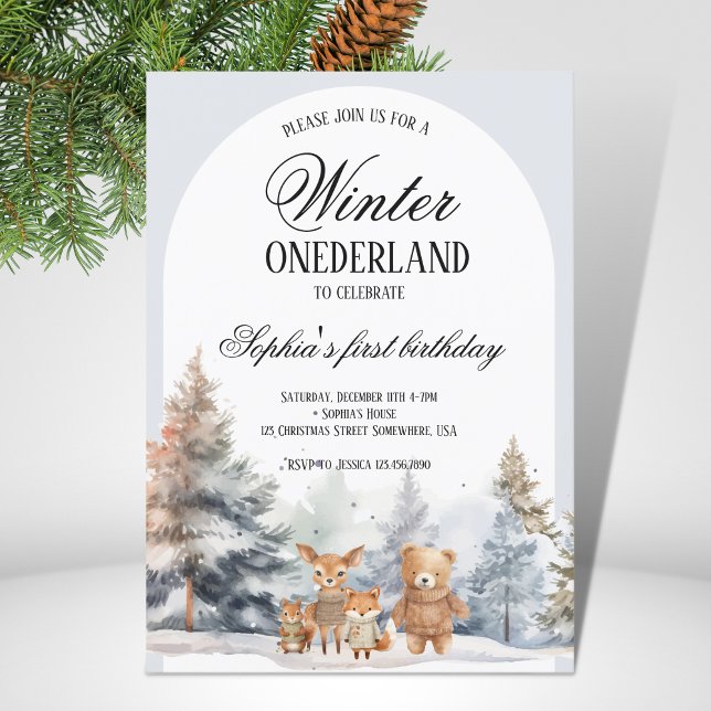 Convite Arch Winter Onederland Birthday Pine Woodland (Criador carregado)
