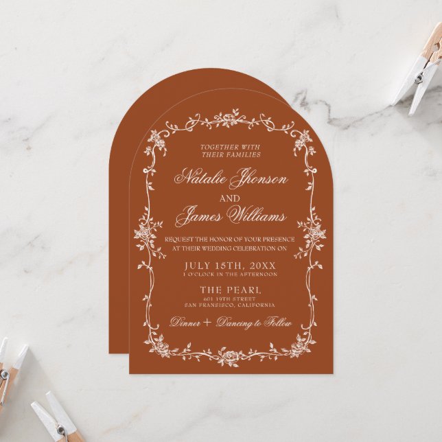 Convite Arched Burnt Orange Floral Boho Terracotta Wedding (Frente/Verso In Situ)