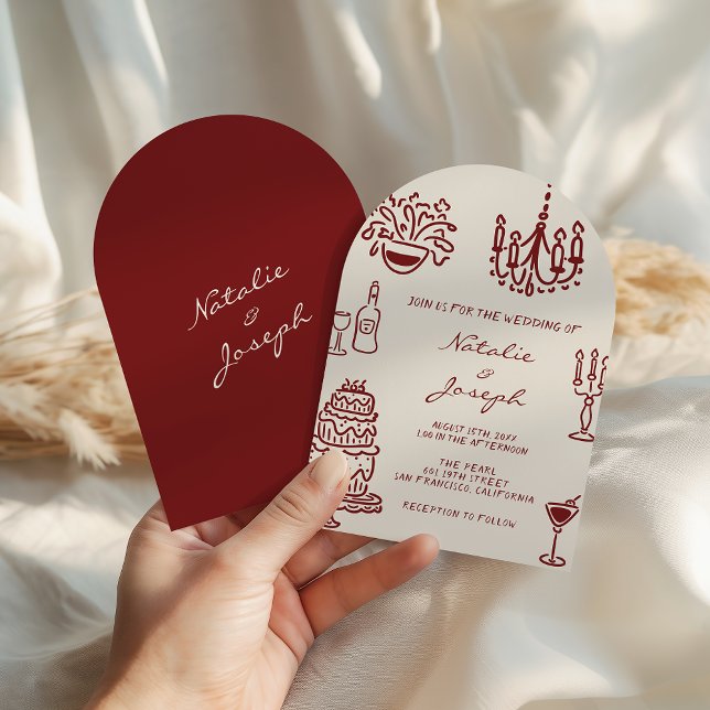 Convite Arched Drawn Burgundy Romantic Whimsical Wedding (Criador carregado)