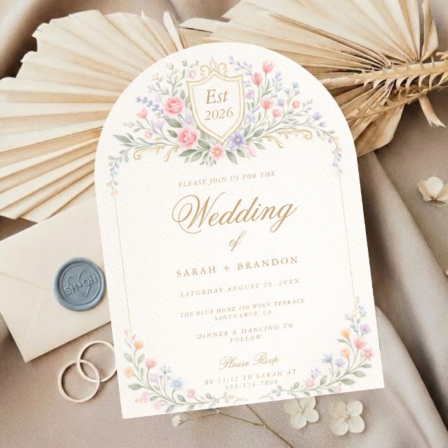 Convite Arched Floral Wedding Monogram, Romantic Garden (Criador carregado)